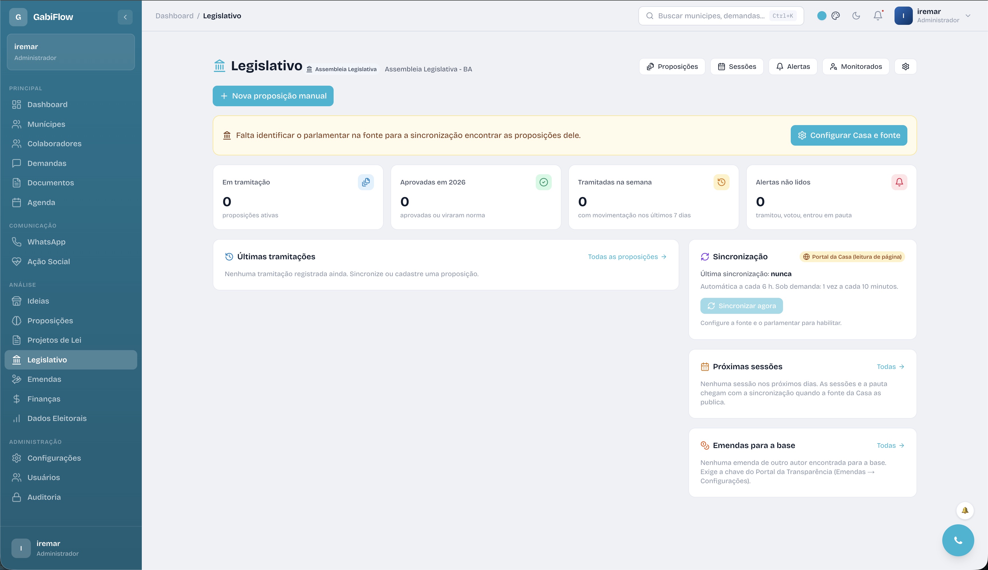 Painel do Acompanhamento Legislativo com proposições, sessões, alertas e monitorados